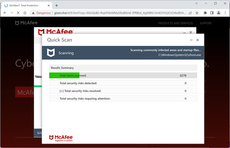 Image: Gizers.live Fake McAfee Virus Alert