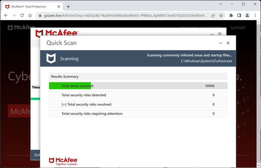 Image: Gozans.live Fake McAfee Virus Alert