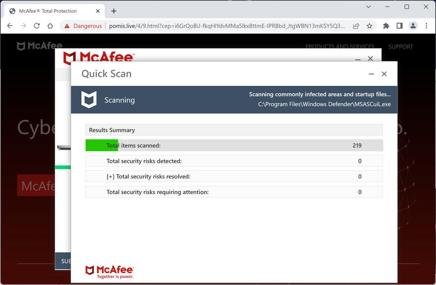 Image: Pomis.live Fake McAfee Virus Alert