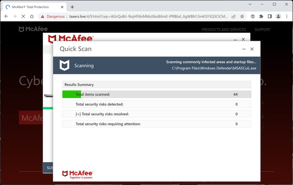 Image: Taxers.live Fake McAfee Virus Alert