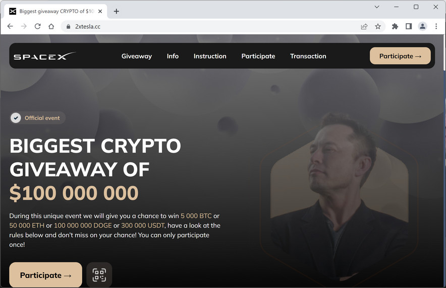 Image: 2xtesla.cc Crypto Scam