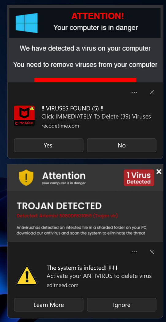 Remove Attention! Your Computer Is In Danger Pop-up Scam