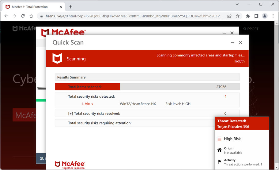 Image: Fizens.live Fake McAfee Virus Alert