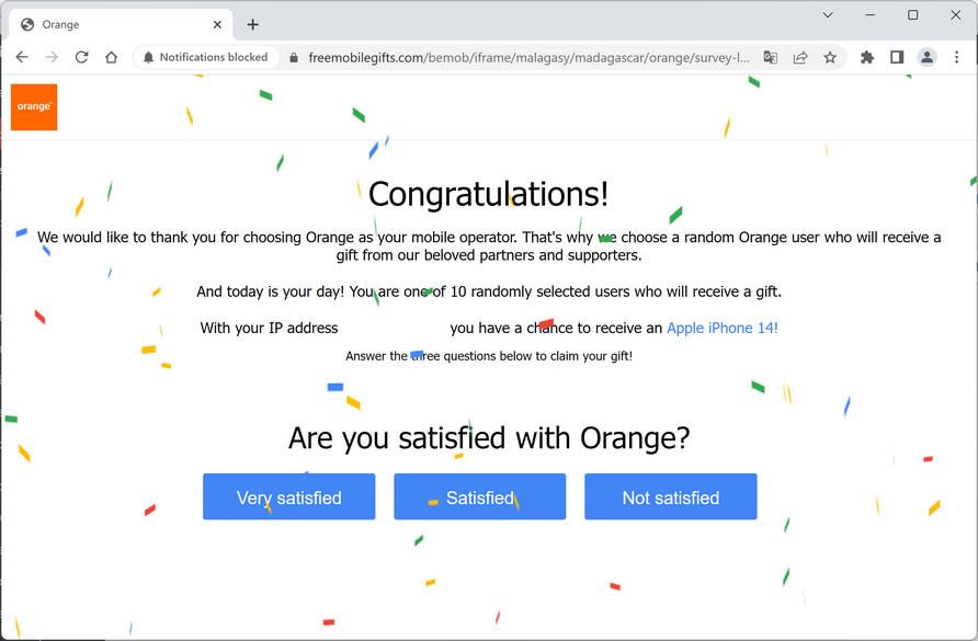 Image: Chrome browser is redirected to Freemobilegifts.com