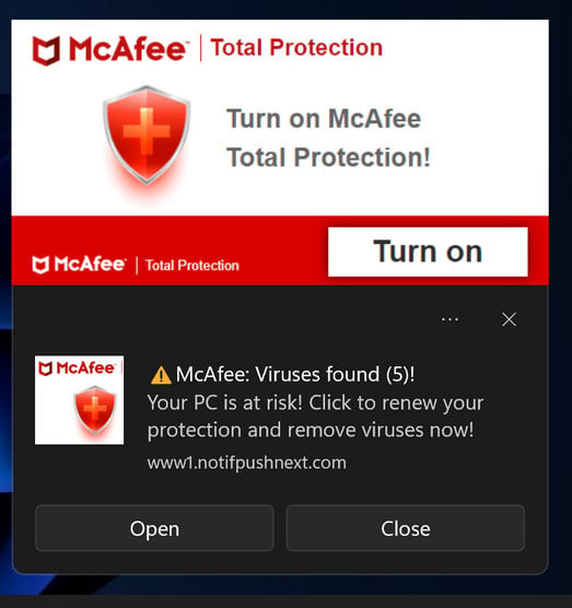 McAfee Viruses Found Pop-up Ads