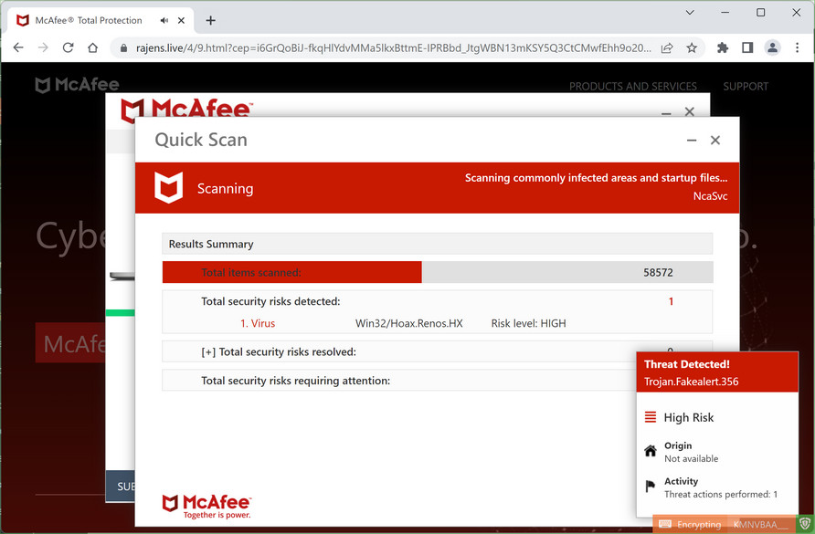 Image: Rajens.live Fake McAfee Virus Alert