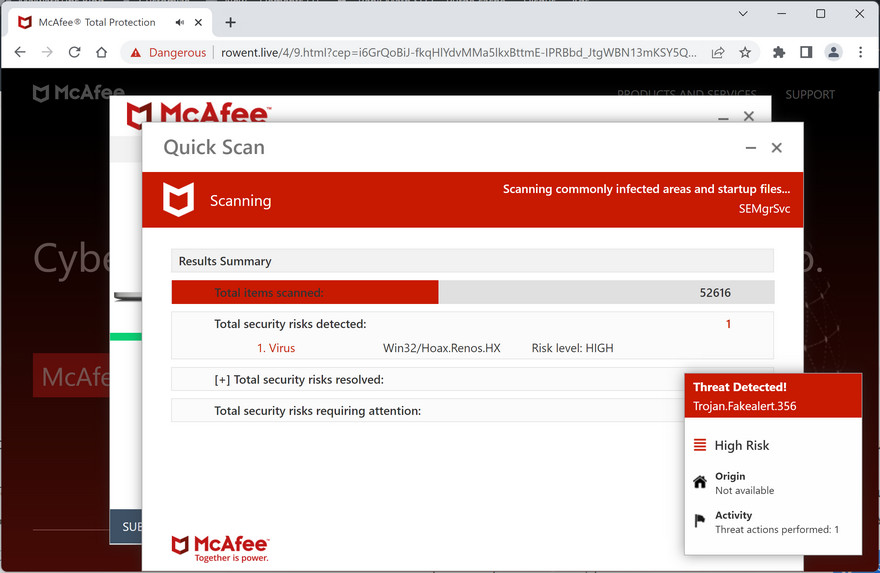 Image: Rowent.live Fake McAfee Virus Alert