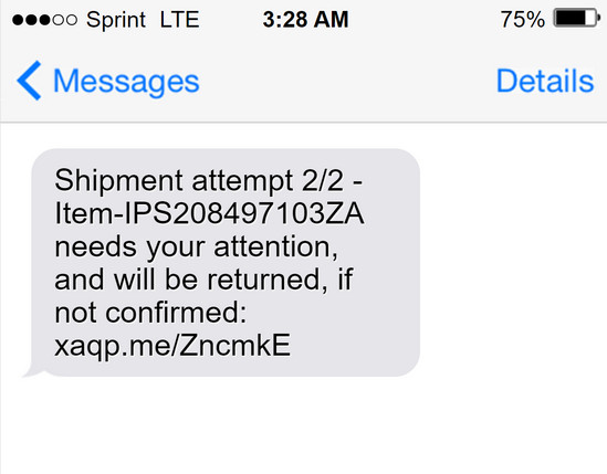 Shipment Attempt 2/2 Item-IPS208497103ZA Text Message Scam