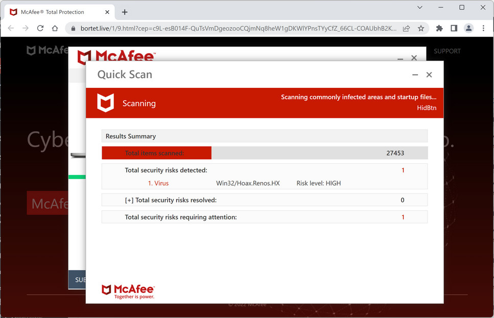 Image: Bortet.live Fake McAfee Virus Alert