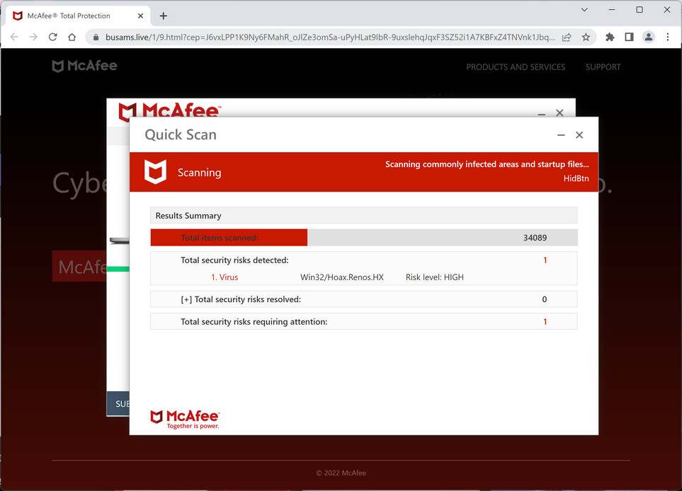 Image: Busams.live Fake McAfee Virus Alert