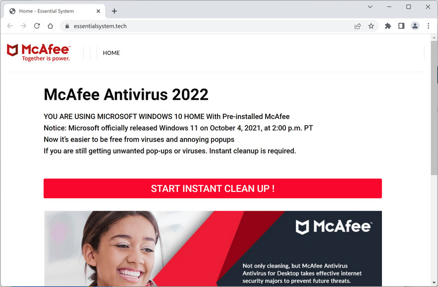 Image: Essentialsystem.tech Fake McAfee Virus Alert