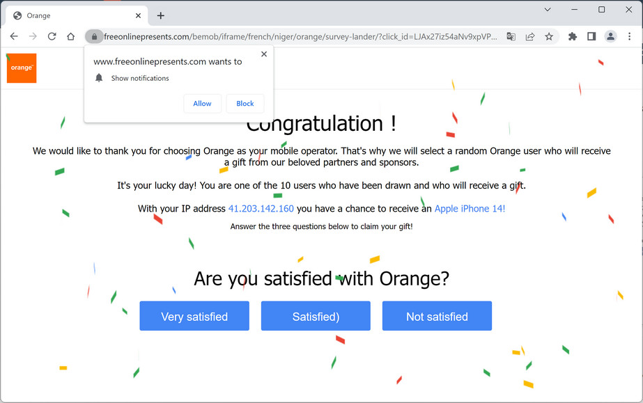 Image: Chrome browser is redirected to Freeonlinepresents.com