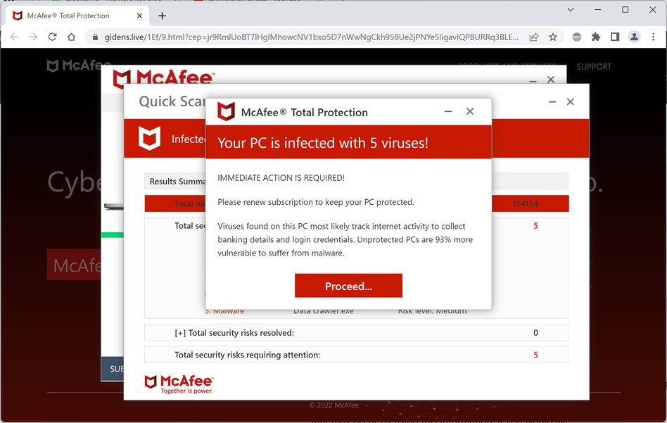 Image: Gidens.live Fake McAfee Virus Alert