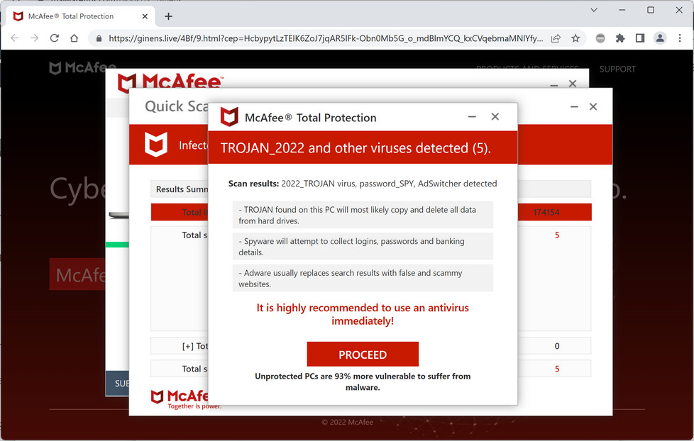 Image: Ginens.live Fake McAfee Virus Alert