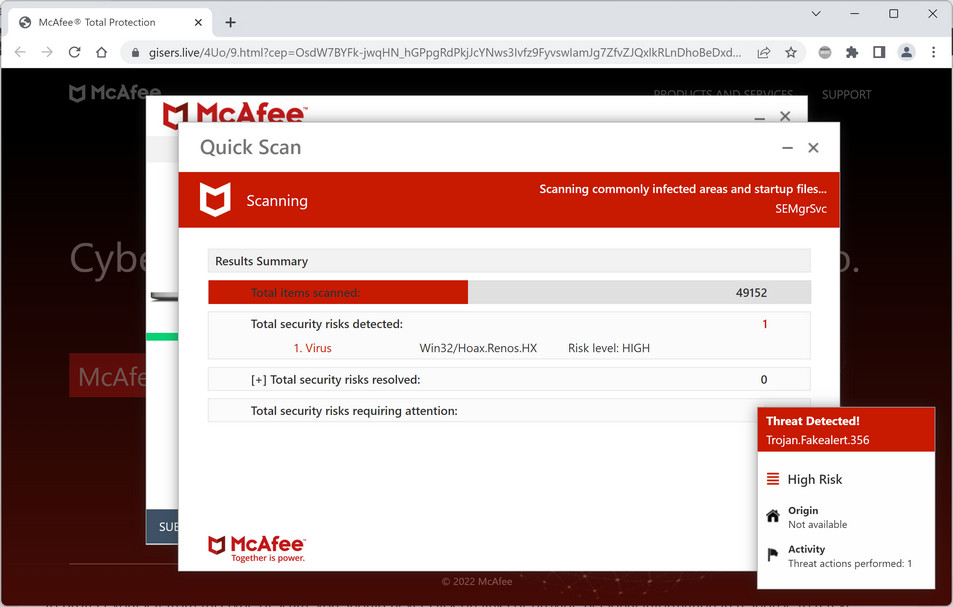 Image: Gisers.live Fake McAfee Virus Alert
