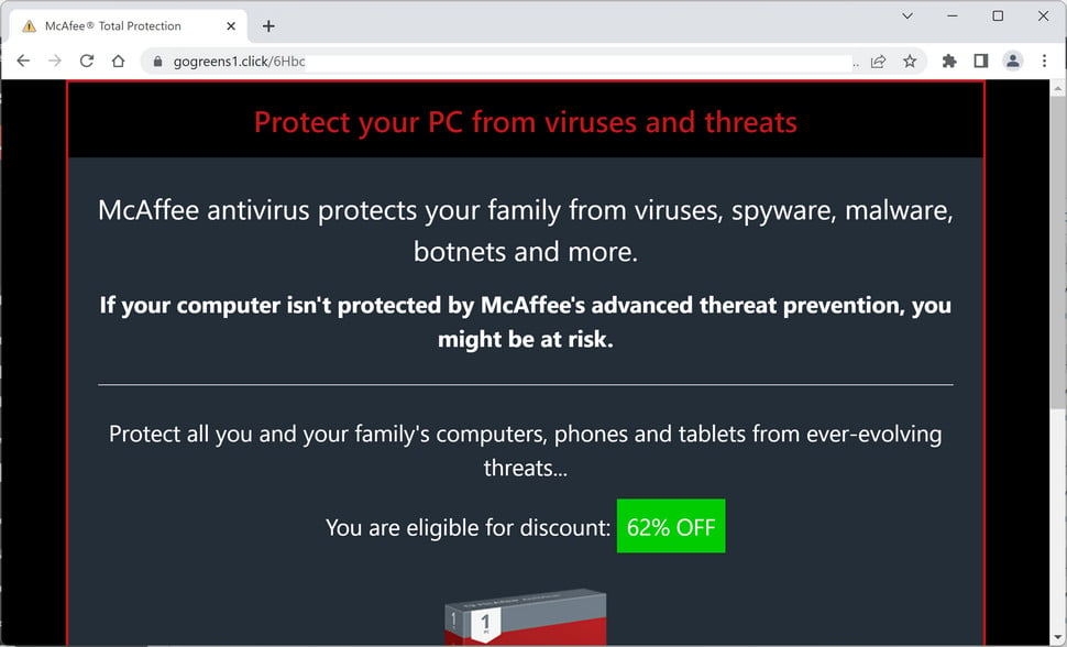 Image: Gogreens1.click Fake McAfee Virus Alert