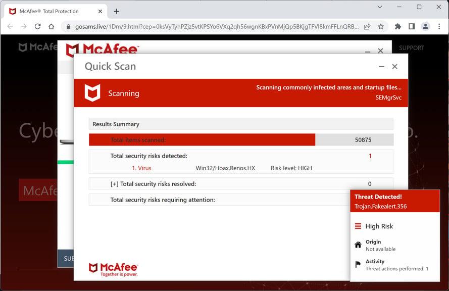 Image: Gosams.live Fake McAfee Virus Alert