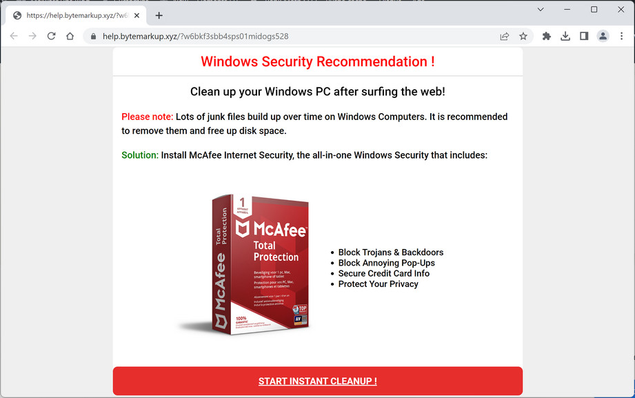 Image: Bytemarkup.xyz Fake McAfee Virus Alert