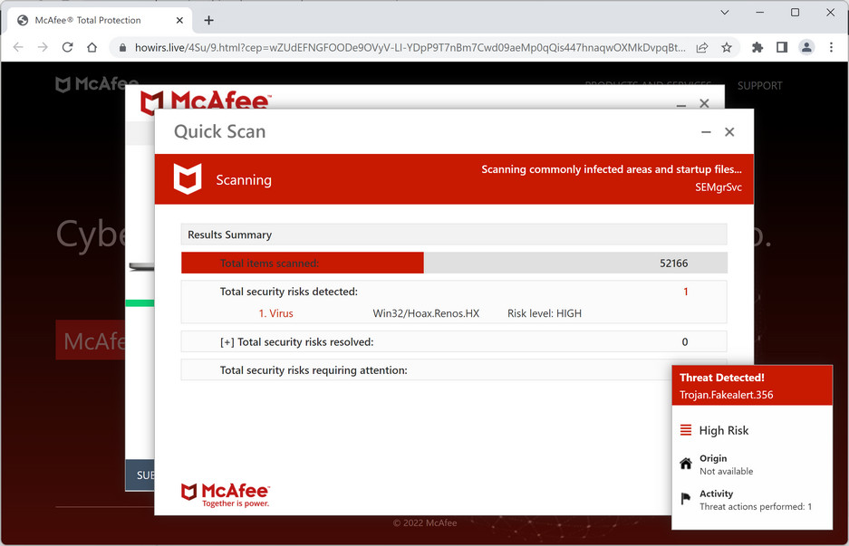 Image: Howirs.live Fake McAfee Virus Alert