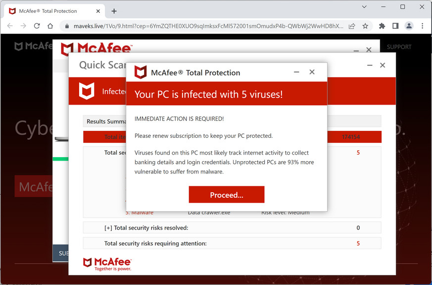 Image: Maveks.live Fake McAfee Virus Alert