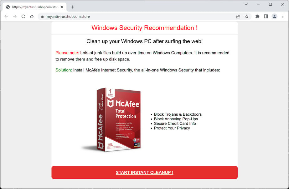 Image: Myantivirusshopcom.store Fake McAfee Virus Alert