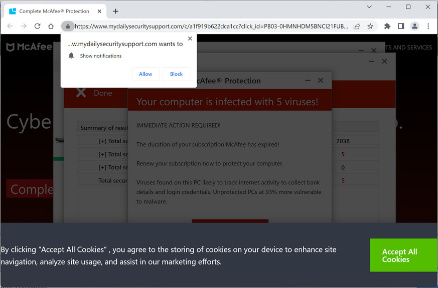 Image: Mydailysecuritysupport.com Fake McAfee Virus Alert