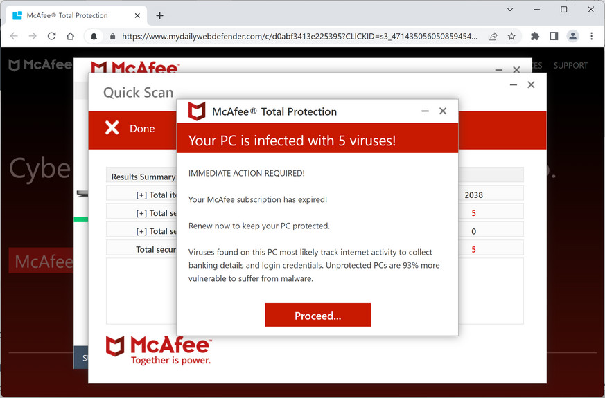 Image: Mydailywebdefender.com Fake McAfee Virus Alert