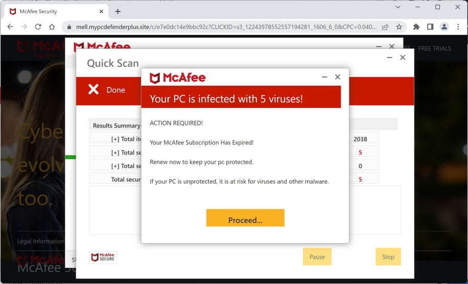 Image: Mypcdefenderplus.site Fake McAfee Virus Alert