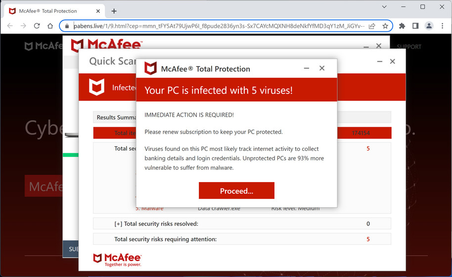 Image: Pabens.live Fake McAfee Virus Alert