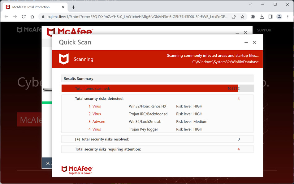 Image: Pajens.live Fake McAfee Virus Alert