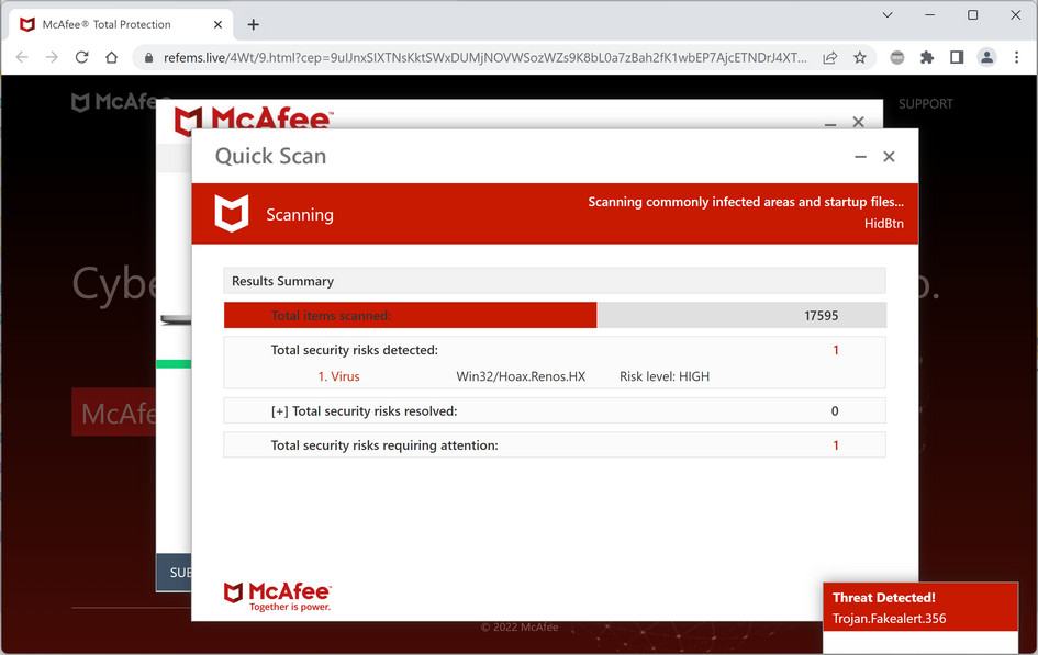 Image: Refems.live Fake McAfee Virus Alert