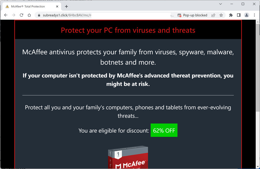 Image: Subreadys1.click Fake McAfee Virus Alert