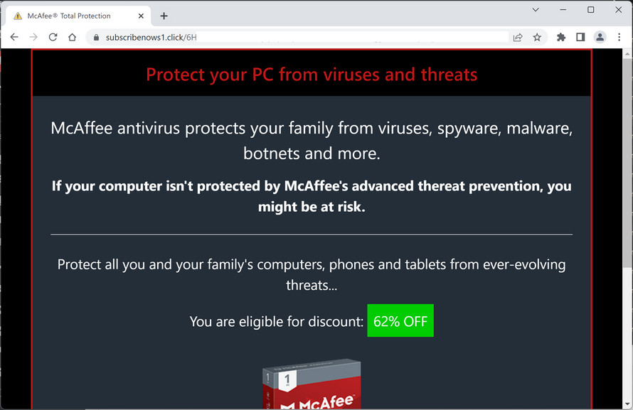 Image: Subscribenows1.click Fake McAfee Virus Alert