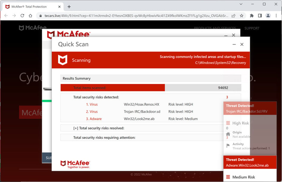 Image: Tecars.live Fake McAfee Virus Alert