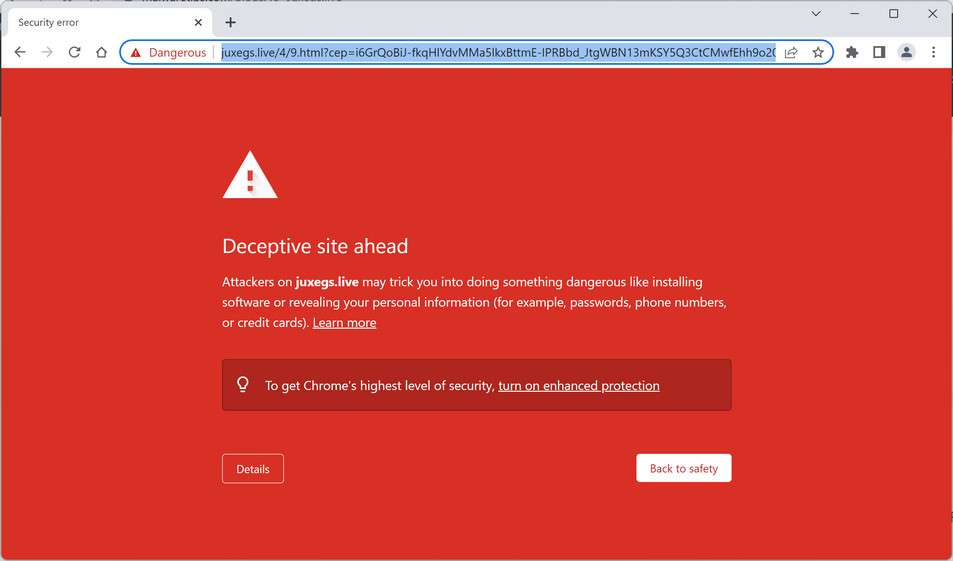 Image: Chrome browser is redirected to Juxegs.live