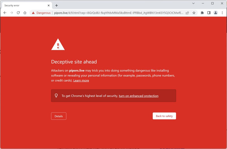 Image: Chrome browser is redirected to Pipors.live