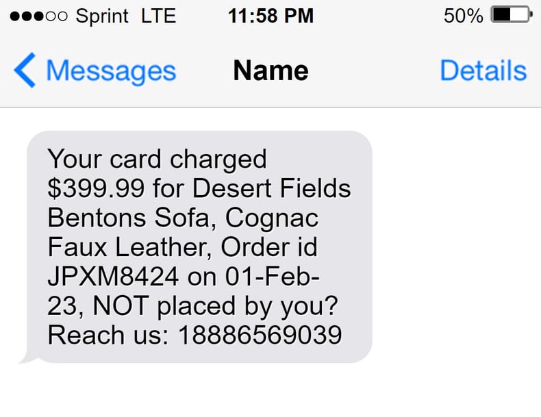 Desert Fields Bentons Sofa Text Message Scam