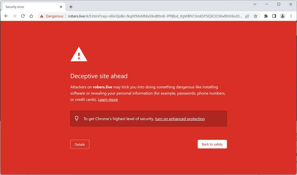 Image: Chrome browser is redirected to Robers.live