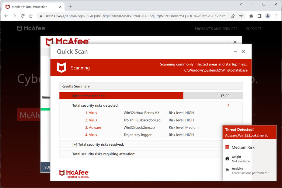 Image: Chrome browser is redirected to Secins.live