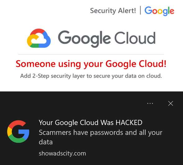 Image: Someone Using Your Google Cloud Pop-up Scam