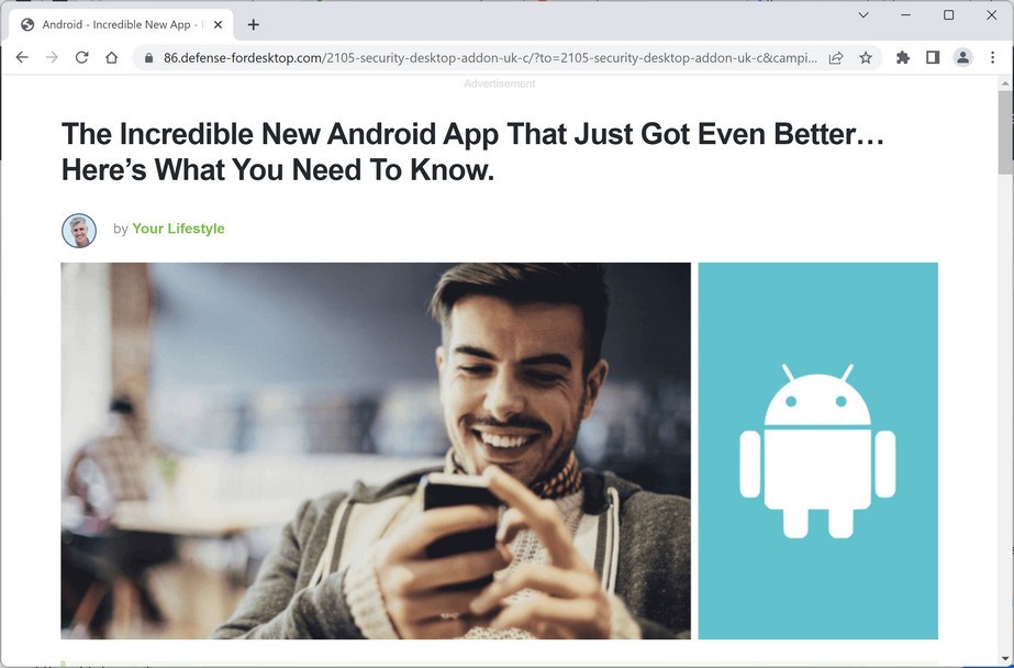 Image: Chrome browser is redirected to Defense-fordesktop.com