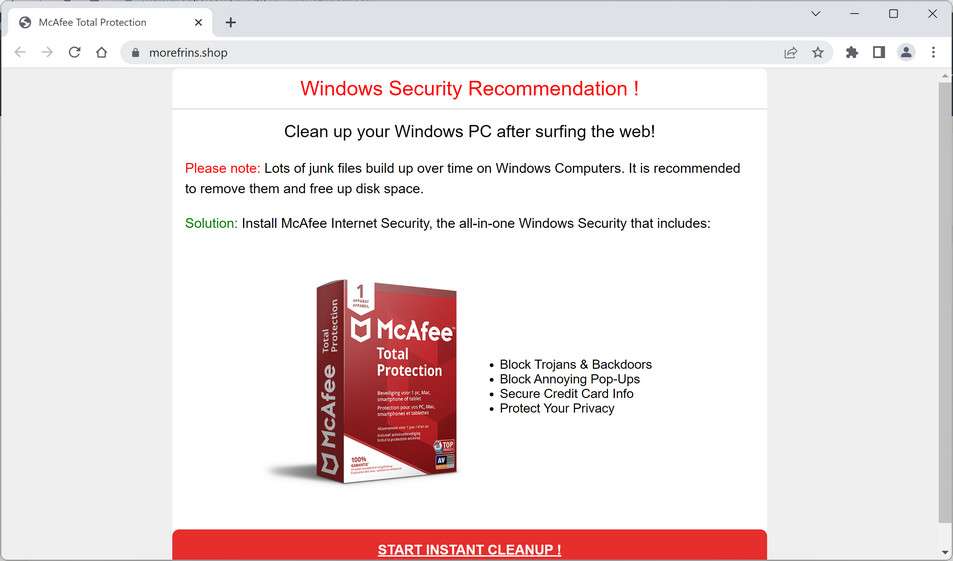 Image: Chrome browser is redirected to Morefrins.shop