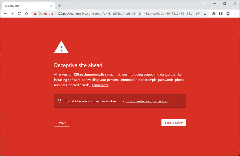 Image: Chrome browser is redirected to Packmannew.live