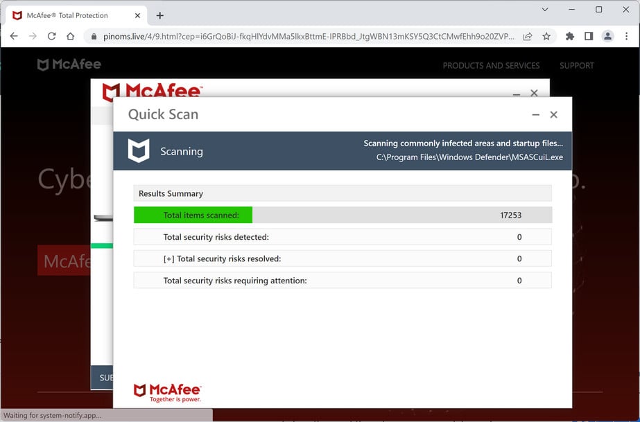 Image: Pinoms.live Fake McAfee Virus Alert