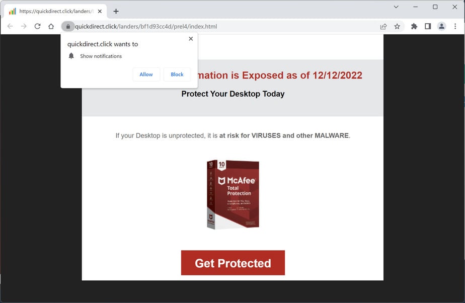 Image: Quickdirect.click Fake McAfee Virus Alert