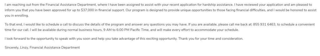 Financial Assistance Department Scam Email - 855-931-6463