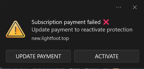 Image Subscription Payment Failed! Update Payment To Reactivate Protection Pop-up Ads Scam