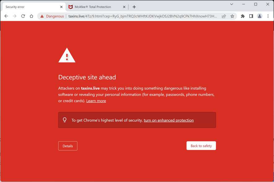 Image: Chrome browser is redirected to Taxins.live