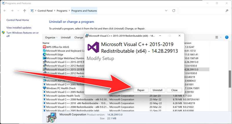 Microsoft Visual C++ Repair Step 3