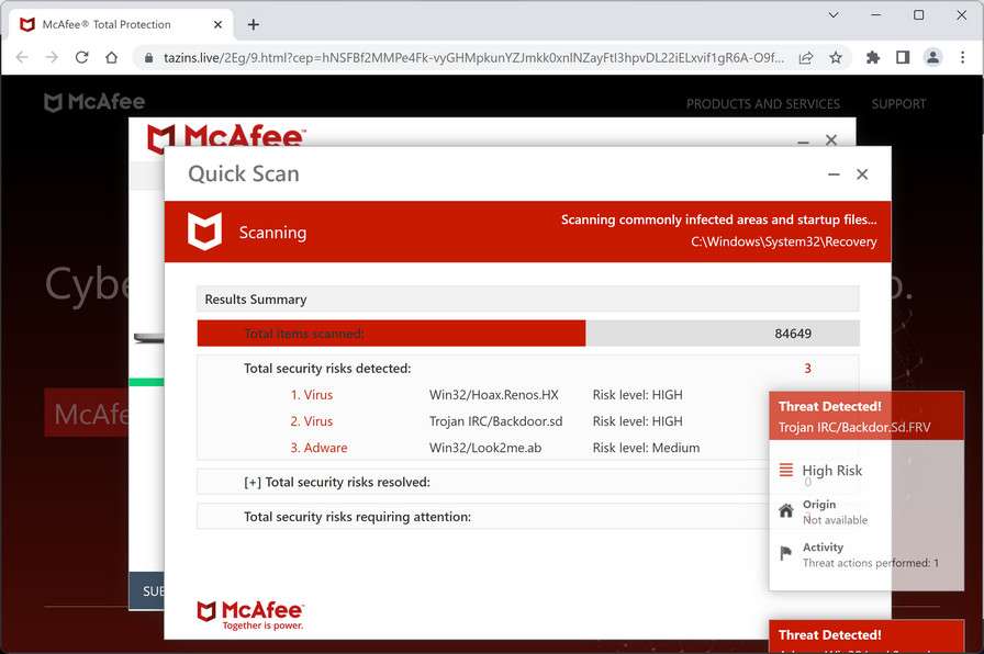 Image: Chrome browser is redirected to Tazins.live